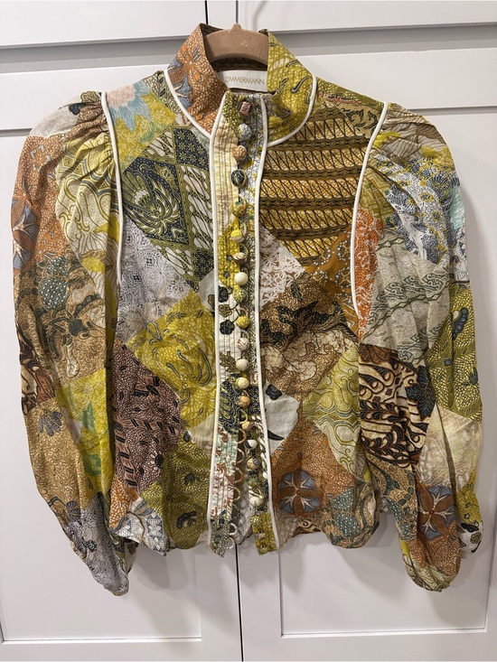 Zimmermann Tops - Zimmermann Multicolor Patchwork Puff-Sleeve Blouse  with White Piping